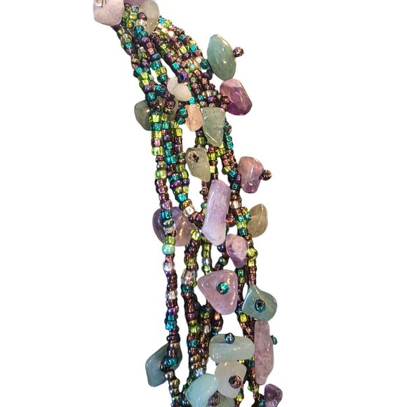 Fluorite & Amethyst Gemstone Multistrand Beaded Necklace w/ Magnetic Clasp - Picture 2 of 12